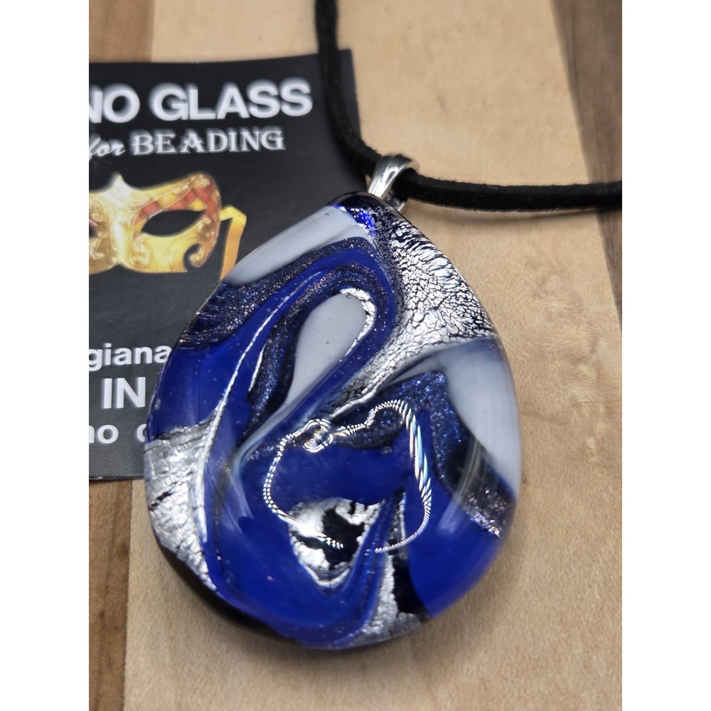 Large Vintage Dark Blue Signed Murano Art Glass Pendant Necklace
